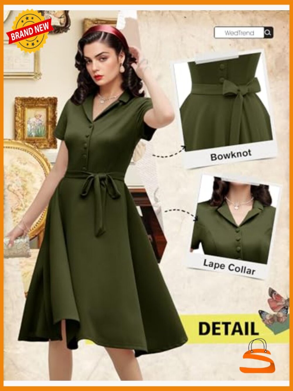 Vintage Tea Dress, Short Sleeve A-Line Cocktail Party Dress, V-Neck Swing Dress - Picture 4 of 7